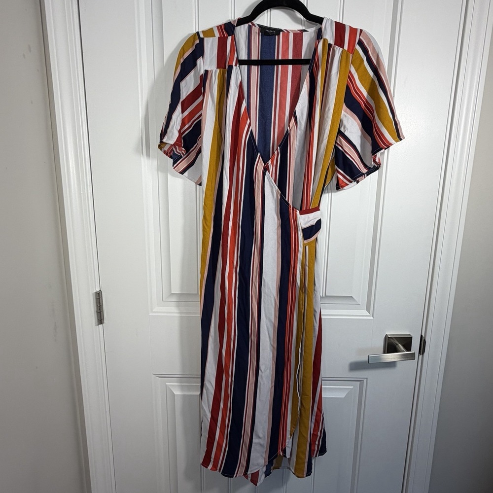Halogen Multicolor Stripe Faux Wrap Midi Dress Short Sleeve Women's Medium